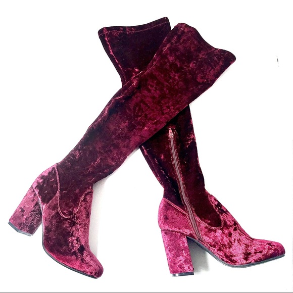 Hot red velvet over knee thigh high heeled boots - Picture 8 of 8